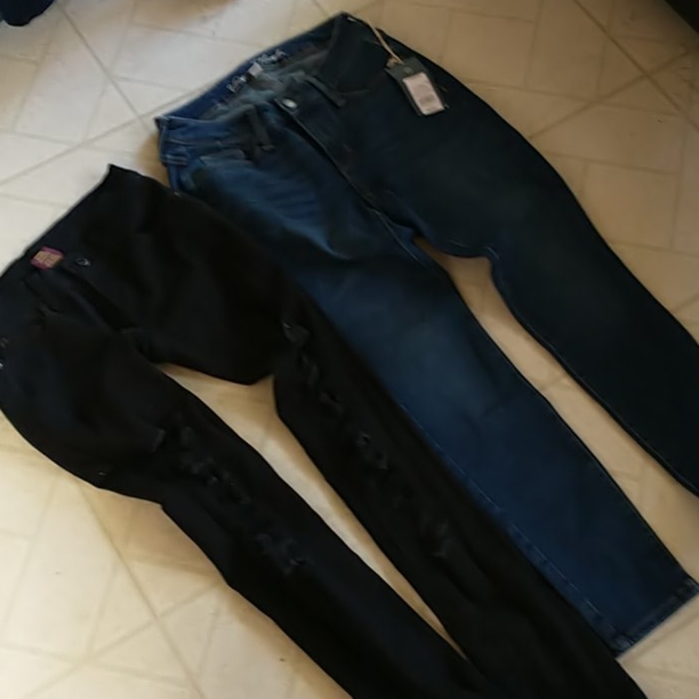 Black  ripped and blue skinny jeans